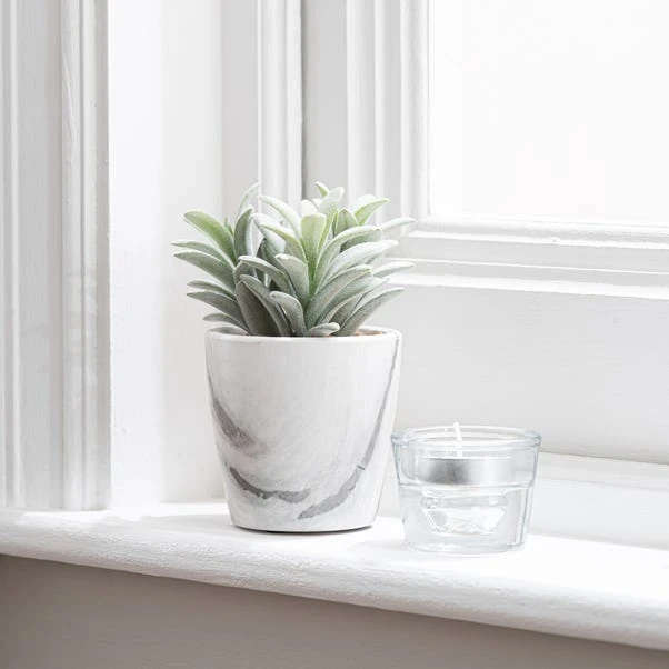 Artificial Succulent In White Marble Plant Pot 1 Artificial Succulent In White Marble Plant Pot
