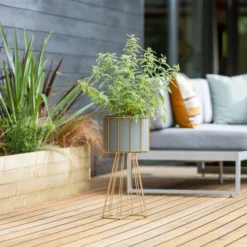 Grey Plant Pot On Gold Wire Stand