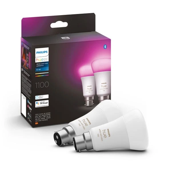 Set Of 2 Philips HUE Smart 8W BC GLS LED Colour Changing Bulbs 1 Set Of 2 Philips HUE Smart 8W BC GLS LED Colour Changing Bulbs