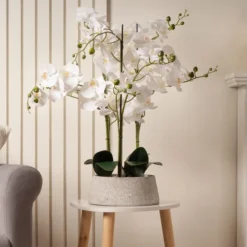 Artificial White Orchid In Grey Terrazzo Plant Pot 8 Artificial White Orchid In Grey Terrazzo Plant Pot -EGLO Shop 30861403 alt03