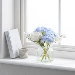 Artificial Hydrangea And Rose Bouquet In Ribbed Glass Vase