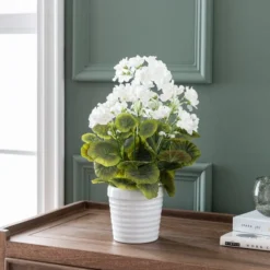 Artificial White Geranium In White Ceramic Plant Pot