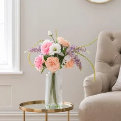 Artificial Rose & Delphinium Bouquet In Ribbed Glass Vase -EGLO Shop 30894995 alt03