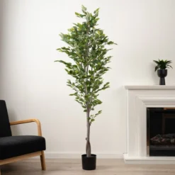 Artificial Ficus Tree In Black Plastic Plant Pot