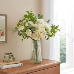 Artificial Peony Bouquet In Textured Glass Vase