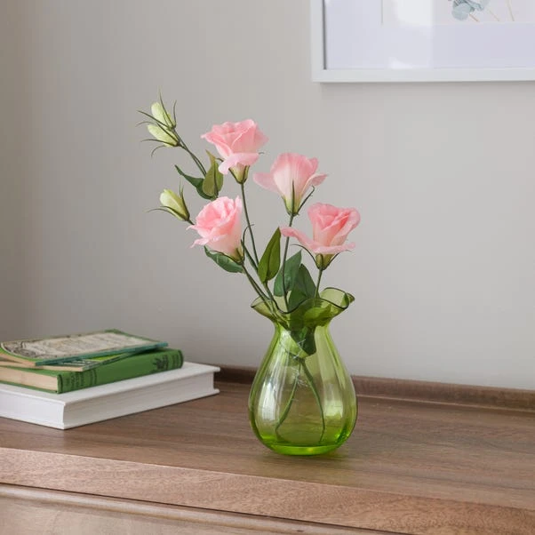 Artificial Pink Lisianthus In Green Glass Vase 1 Artificial Pink Lisianthus In Green Glass Vase