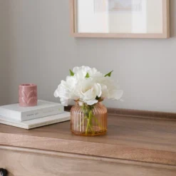 Artificial Parrot Tulip In Apricot Ribbed Glass Vase