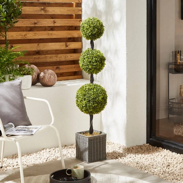 Artificial Boxwood Ball Tree In Woven Plant Pot 1 Artificial Boxwood Ball Tree In Woven Plant Pot