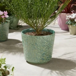 Leaf Embossed Stoneware Plant Pot -EGLO Shop 30927965