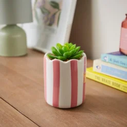 Artificial Succulent In Striped Ceramic Plant Pot -EGLO Shop 30945001