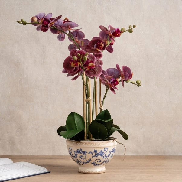 Artificial Real Touch Dark Pink Phalaenopsis Orchid In Ceramic Plant Pot 1 Artificial Real Touch Dark Pink Phalaenopsis Orchid In Ceramic Plant Pot