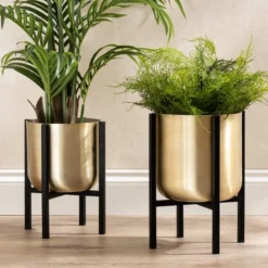 Gold Metal Plant Pot With Black Stand -EGLO Shop 30958181 alt06