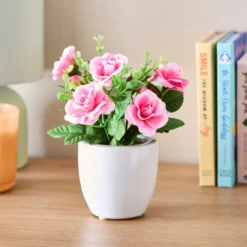 Artificial Pink Rose In White Ceramic Plant Pot