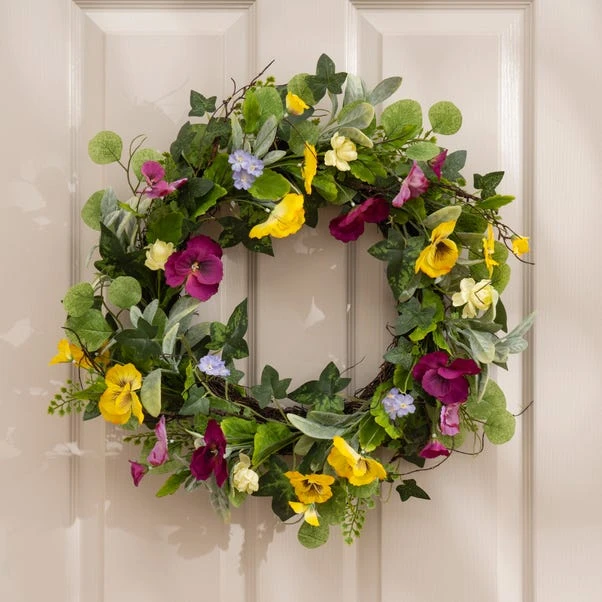 Artificial Spring Floral Pansy Wreath 1 Artificial Spring Floral Pansy Wreath