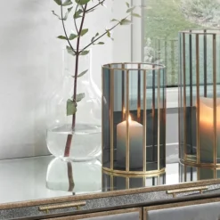 Brass & Smoked Glass Panelled Hurricane Candle Holder 12 Brass & Smoked Glass Panelled Hurricane Candle Holder -EGLO Shop 30983093