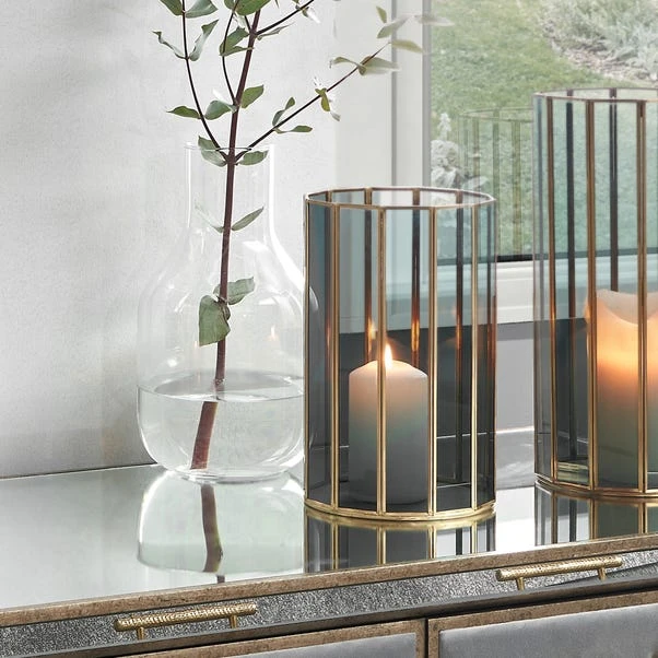 Brass & Smoked Glass Panelled Hurricane Candle Holder 5 Brass & Smoked Glass Panelled Hurricane Candle Holder - Image 5