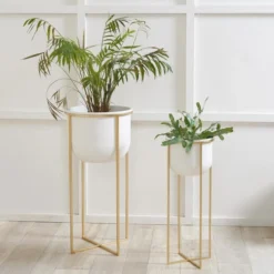 Set Of 2 White & Gold Metal Plant Stands