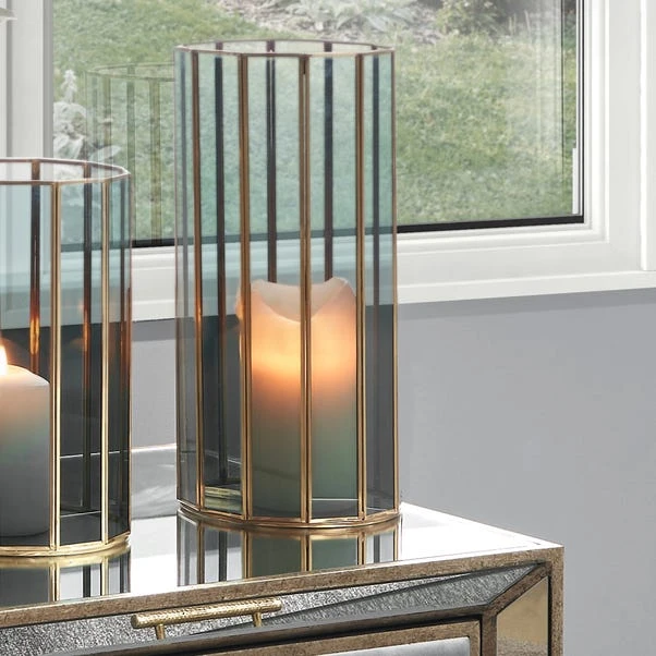 Brass & Smoked Glass Panelled Hurricane Candle Holder 1 Brass & Smoked Glass Panelled Hurricane Candle Holder