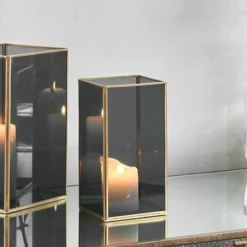 Brass & Smoked Glass Panelled Square Hurricane Candle Holder -EGLO Shop 30983187