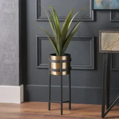 Brass & Black Metal Plant Pot & Stand